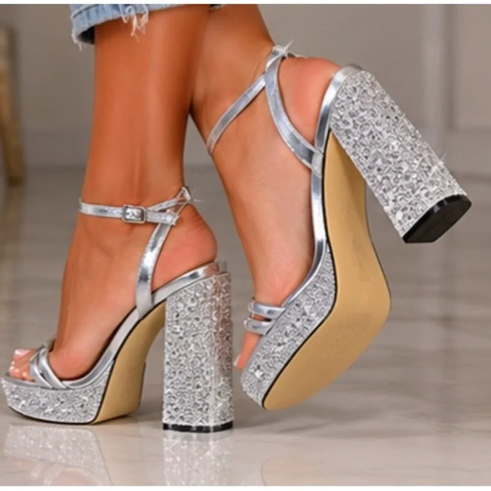 Michael Kors Silver Metallic Rhinestone Platform Block Heel Sandals Womens 9M